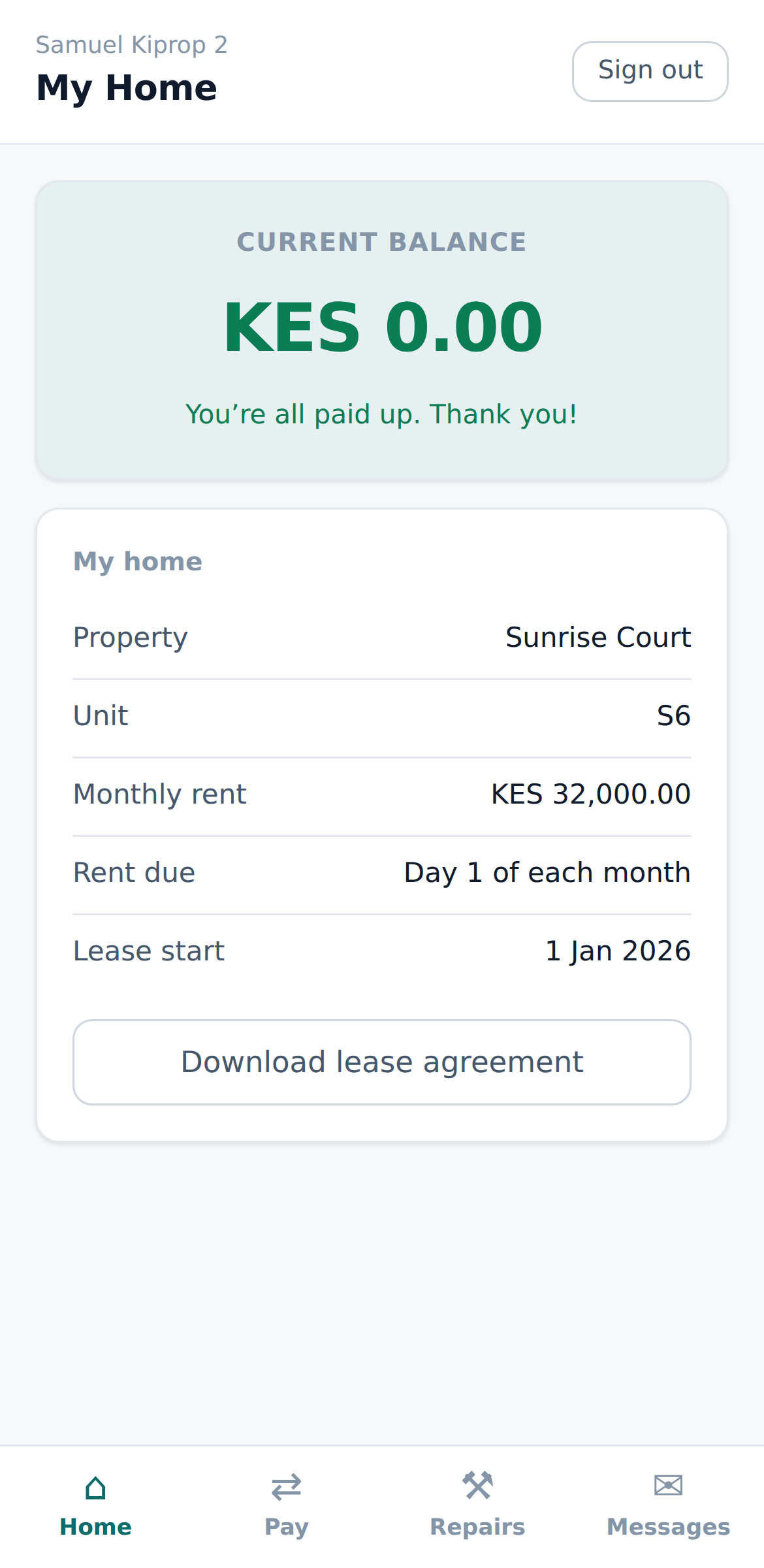 PropertyQ tenant app showing balance and pay rent button